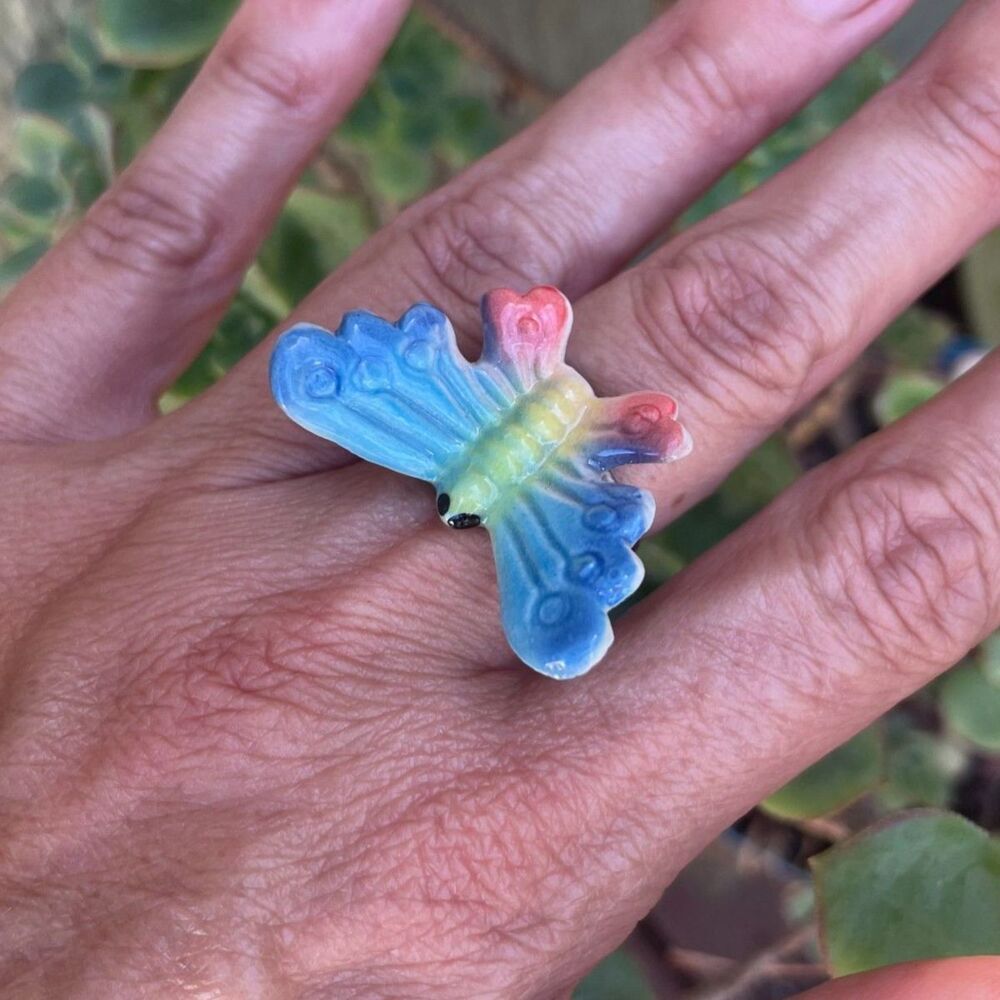 Butterfly Ring - adjustable ceramic oversized maximalist cottage fairy‎ boho y2k